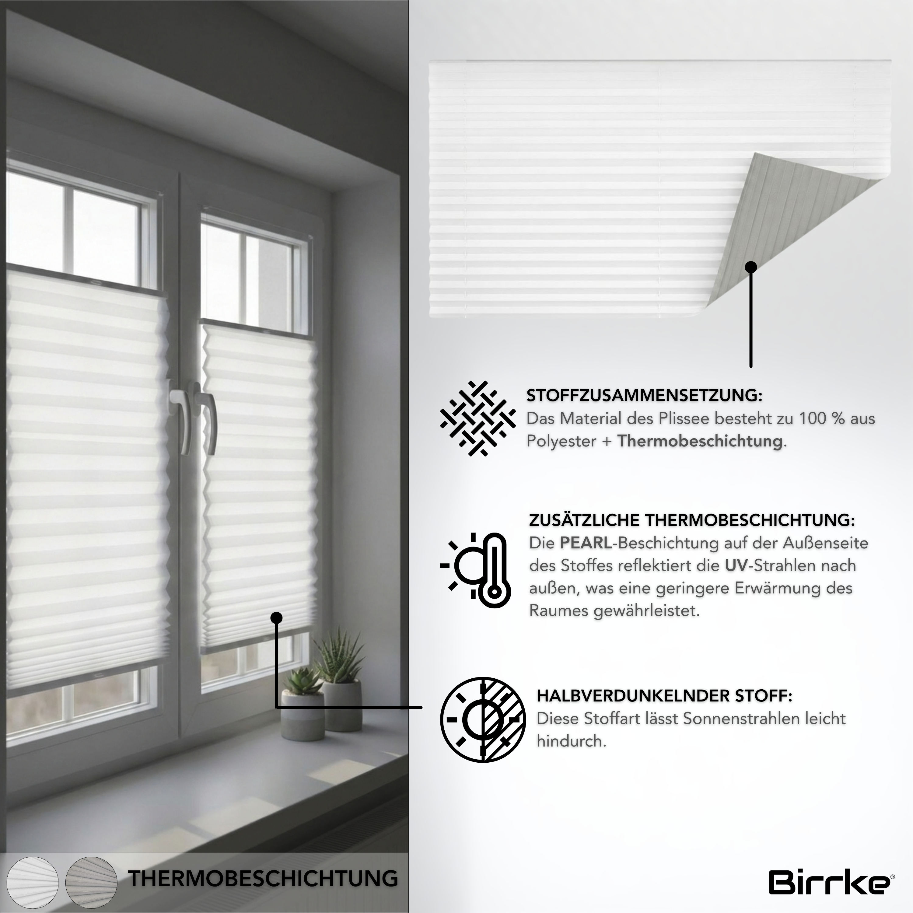 Birrke® Thermo-Plissee nach Maß – Halbverdunkelnd & Hitzeschutz