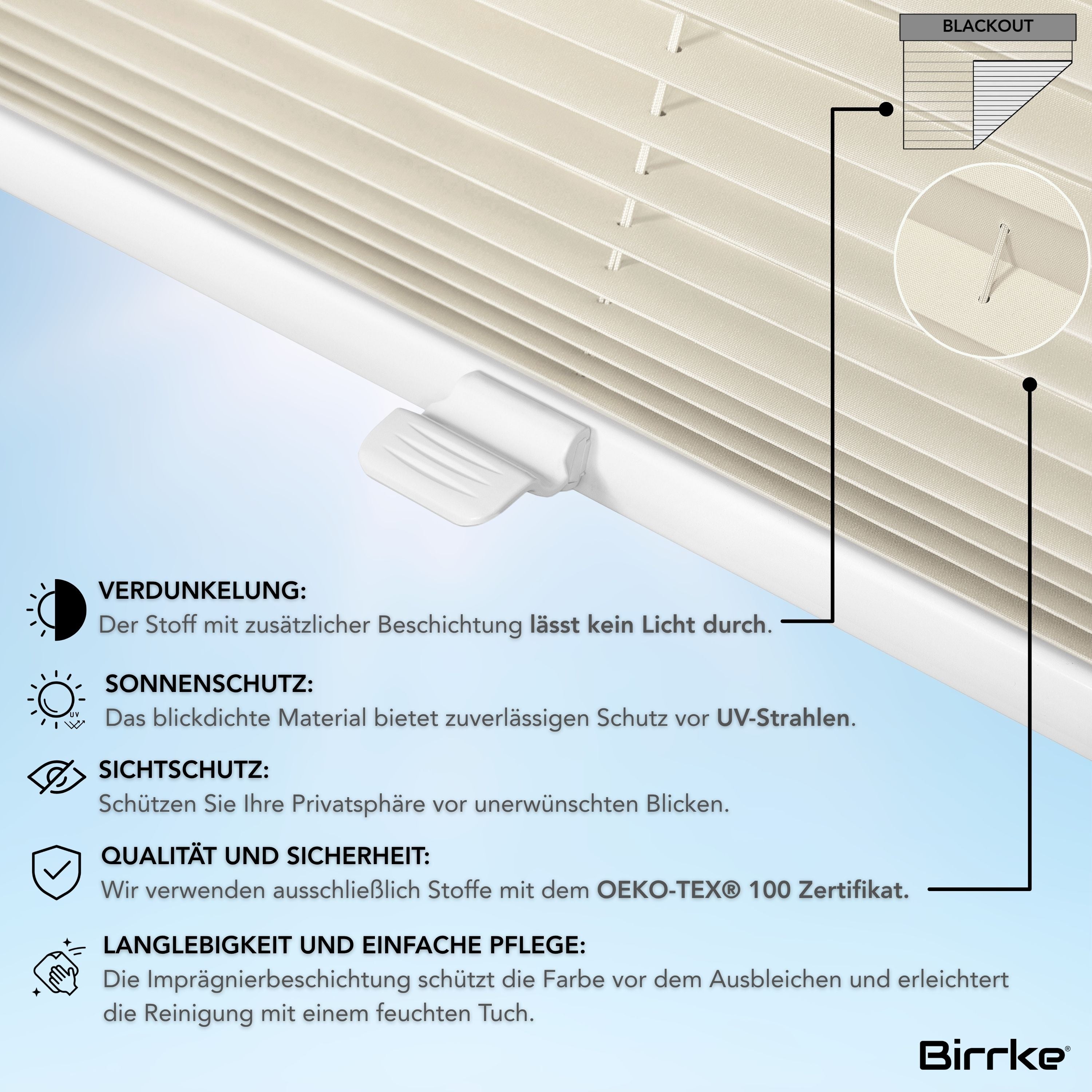 Birrke® Verdunkelungsplissee nach Maß ohne Bohren – Blackout