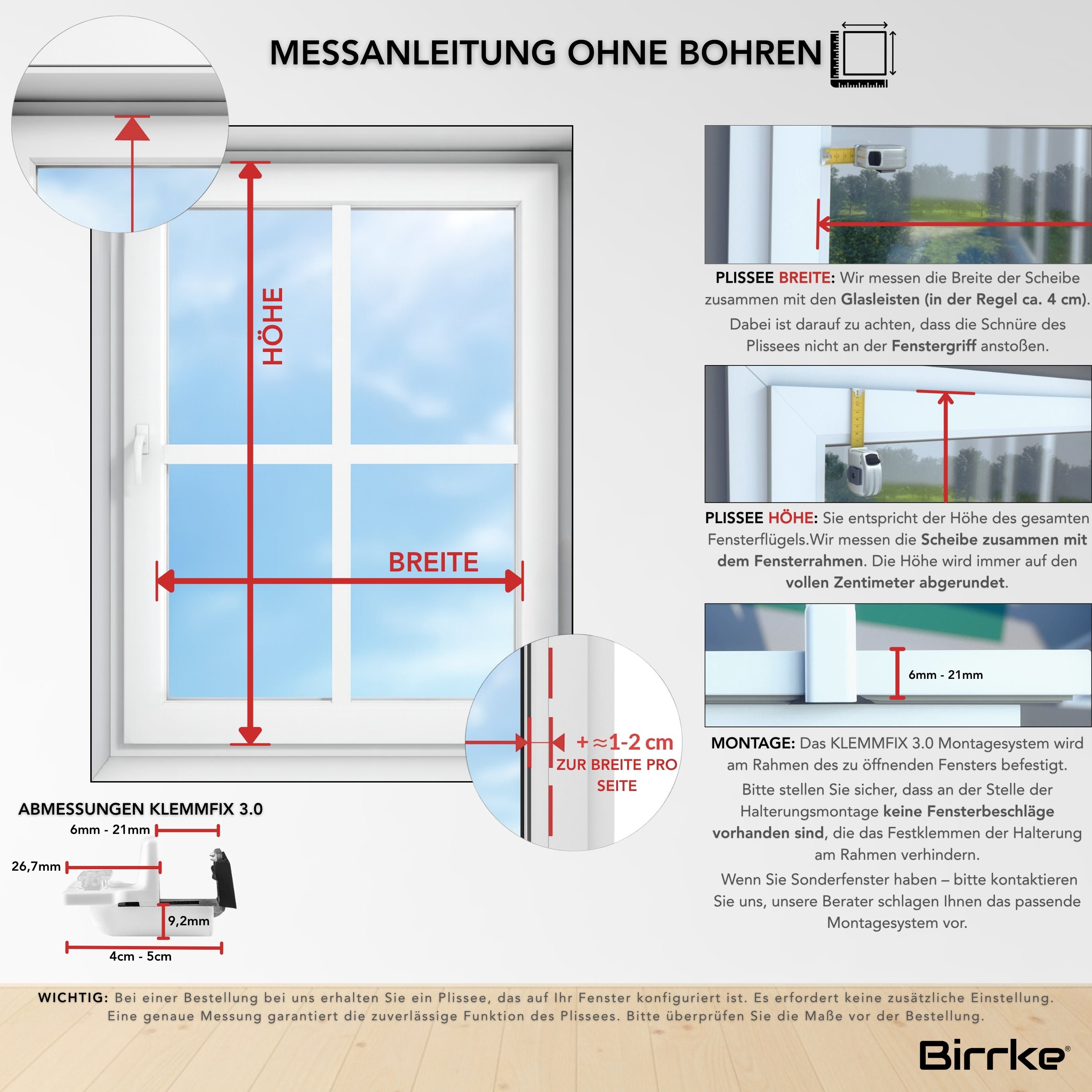 Birrke® Plissee nach Maß ohne Bohren – Klemmfix & Klebemontage