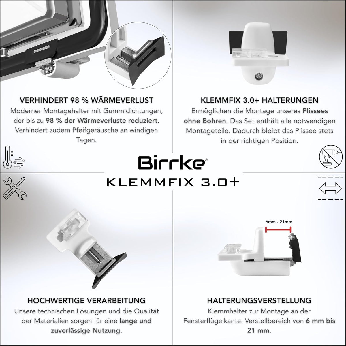 Birrke® KLEMMFIX 3.0+ Halterungen (4 Stück) für Plissee ohne Bohren – Einfache Montage