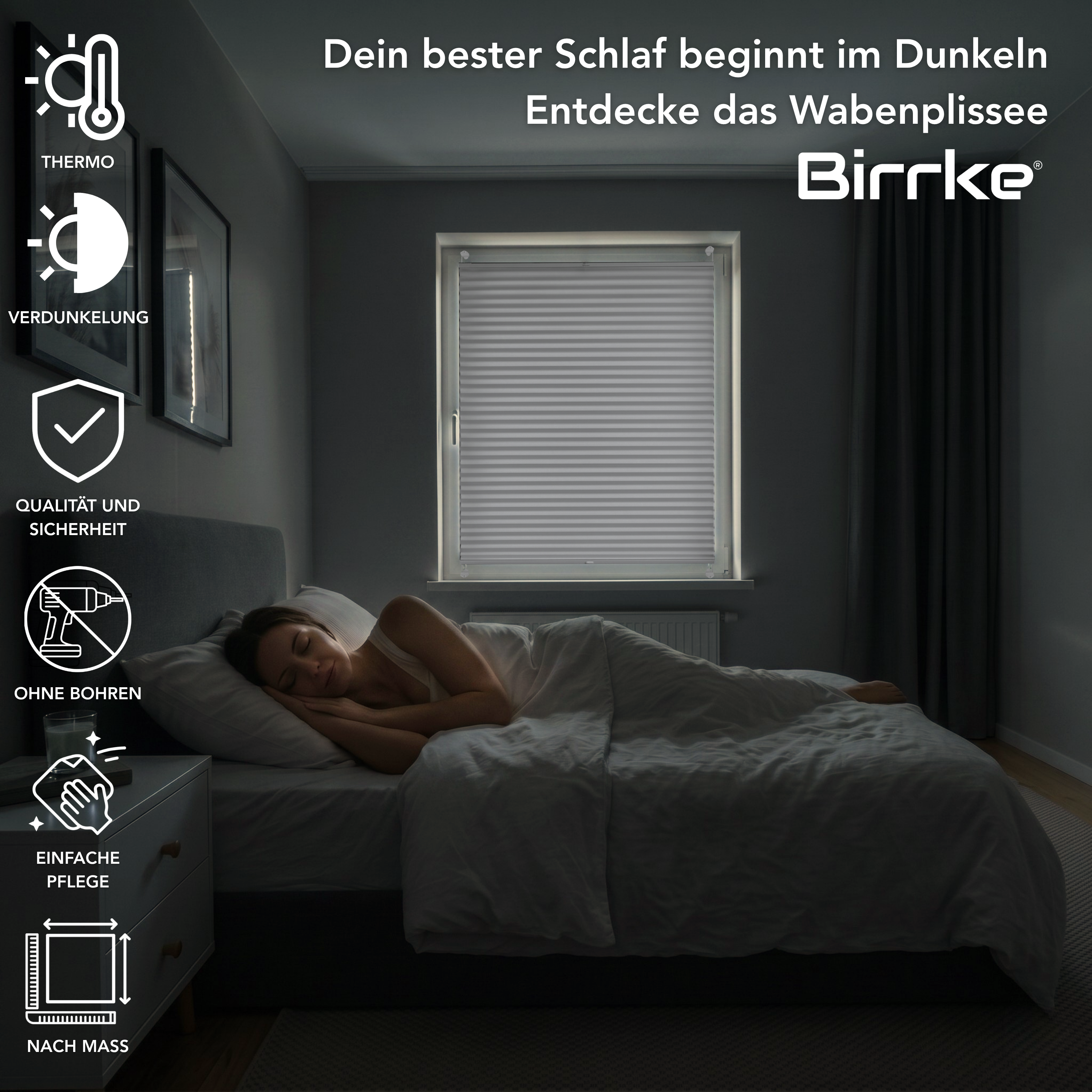 Birrke® Wabenplissee nach Maß ohne Bohren – 100% Verdunkelung & Thermo