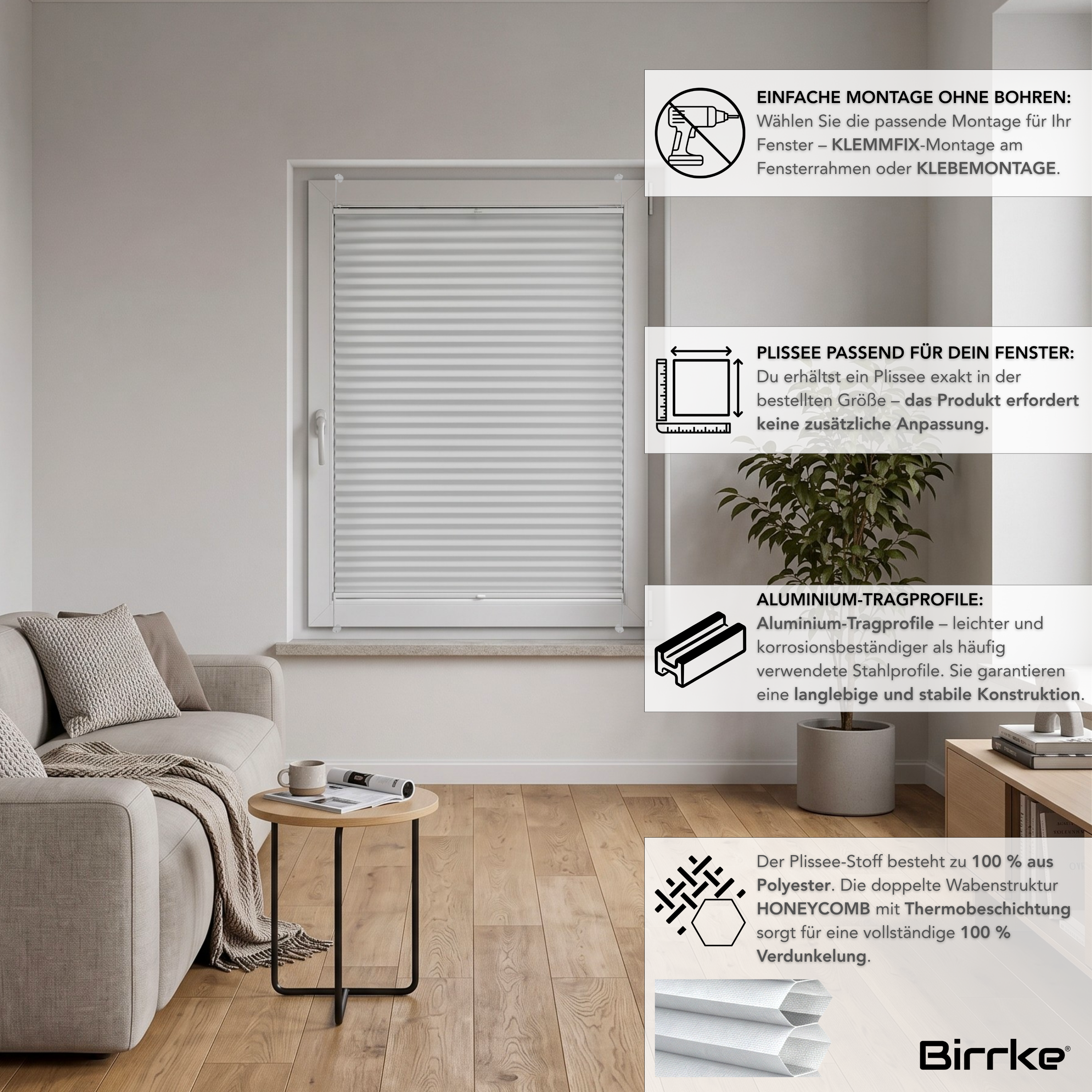 Birrke® Wabenplissee nach Maß ohne Bohren – 100% Verdunkelung & Thermo