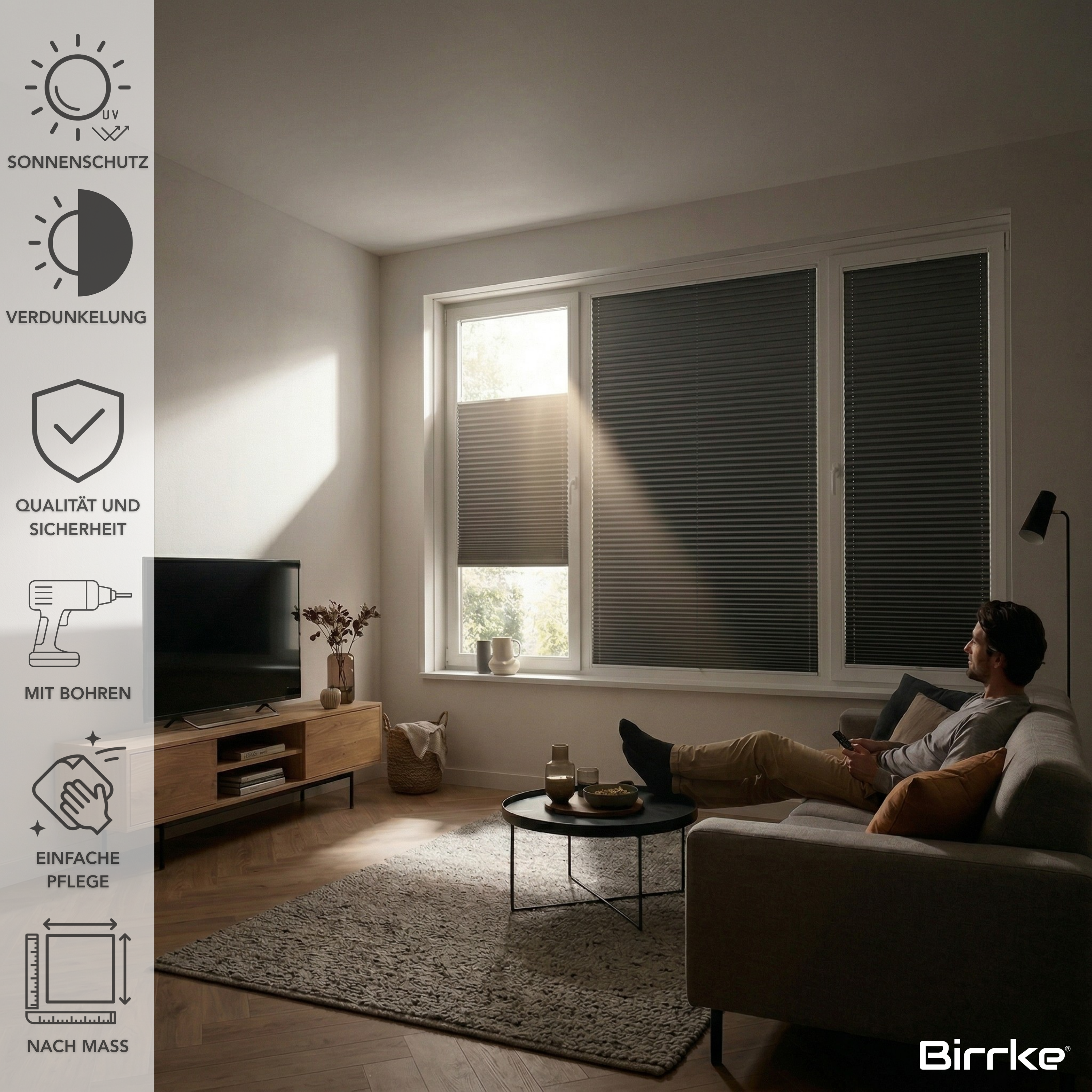 Birrke® Verdunkelungsplissee nach Maß zum Bohren – Blackout
