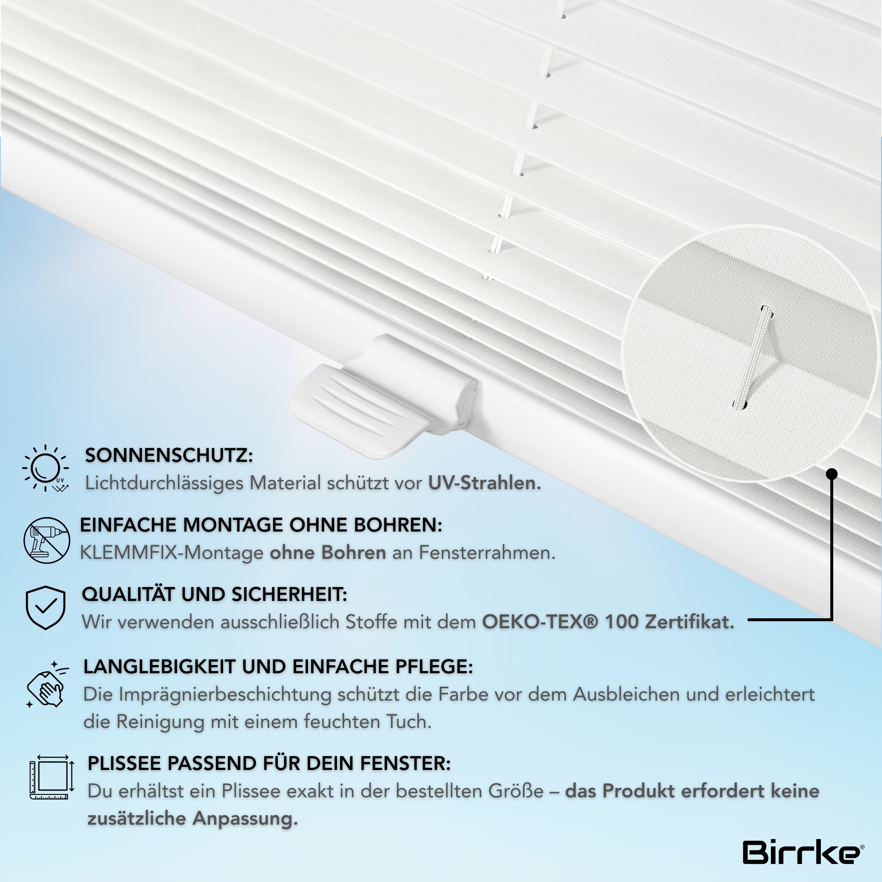 Birrke® Plissee nach Maß ohne Bohren – Klemmfix & Klebemontage