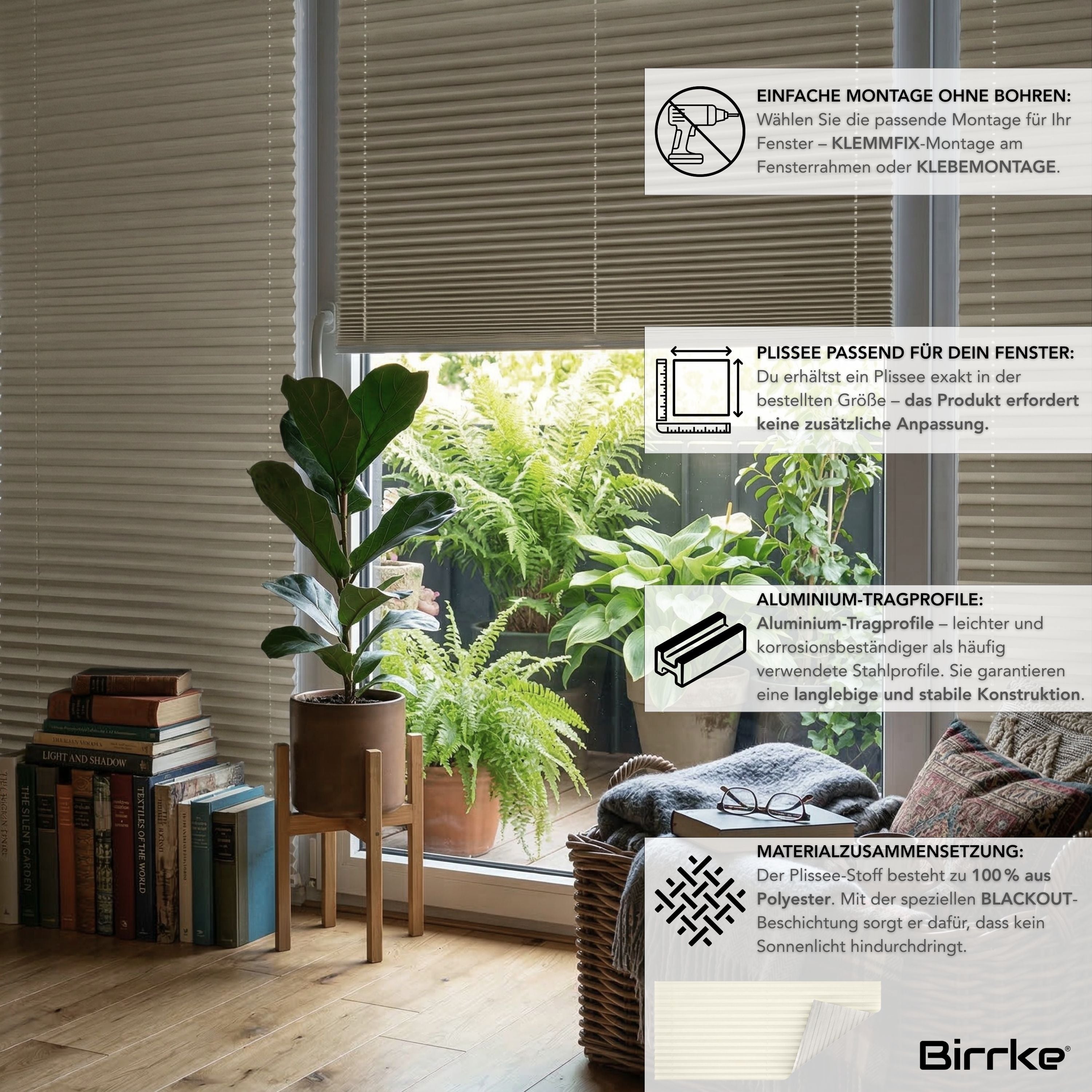 Birrke® Verdunkelungsplissee nach Maß ohne Bohren – Blackout