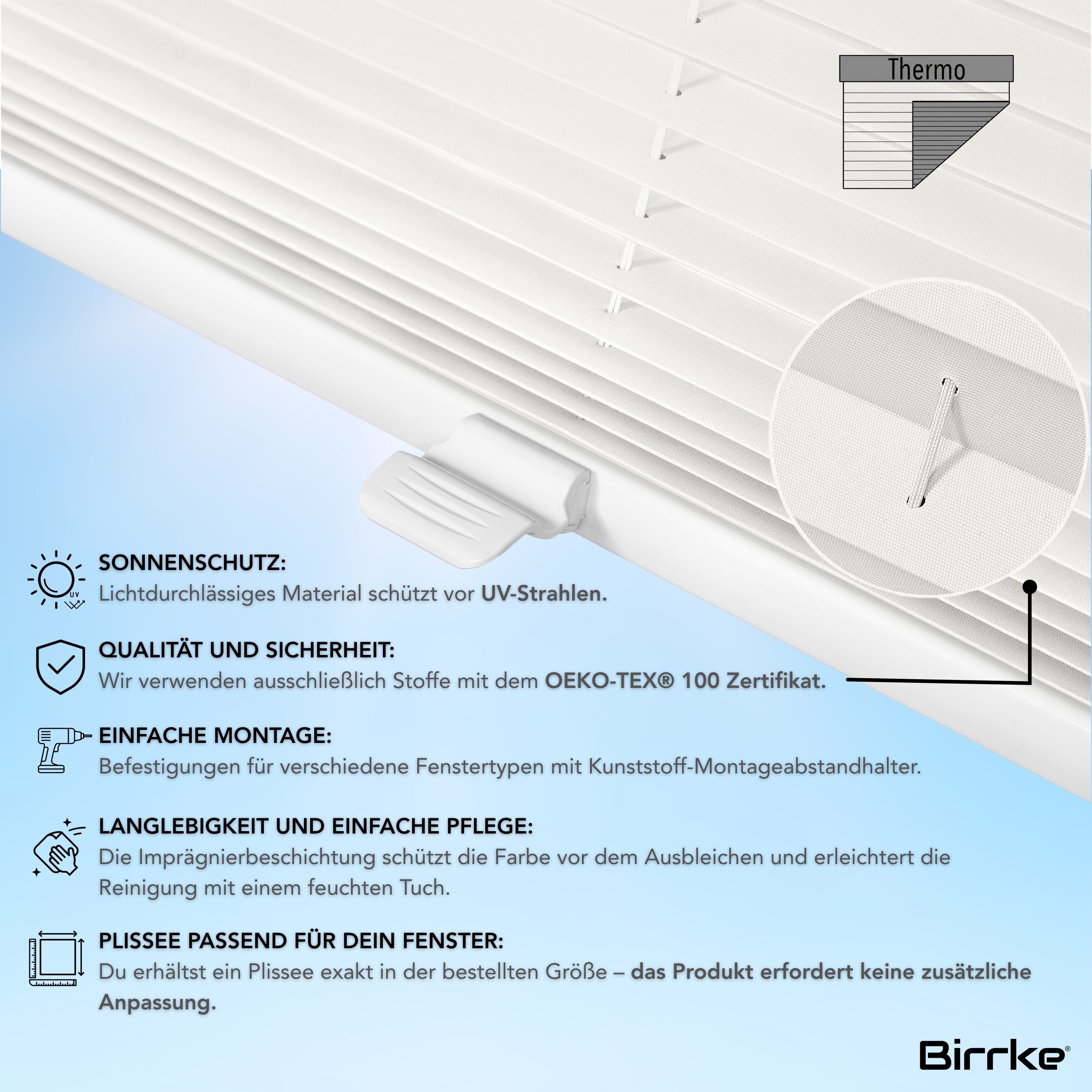 Birrke® Thermo-Plissee nach Maß zum Bohren – Halbverdunkelnd & Hitzeschutz