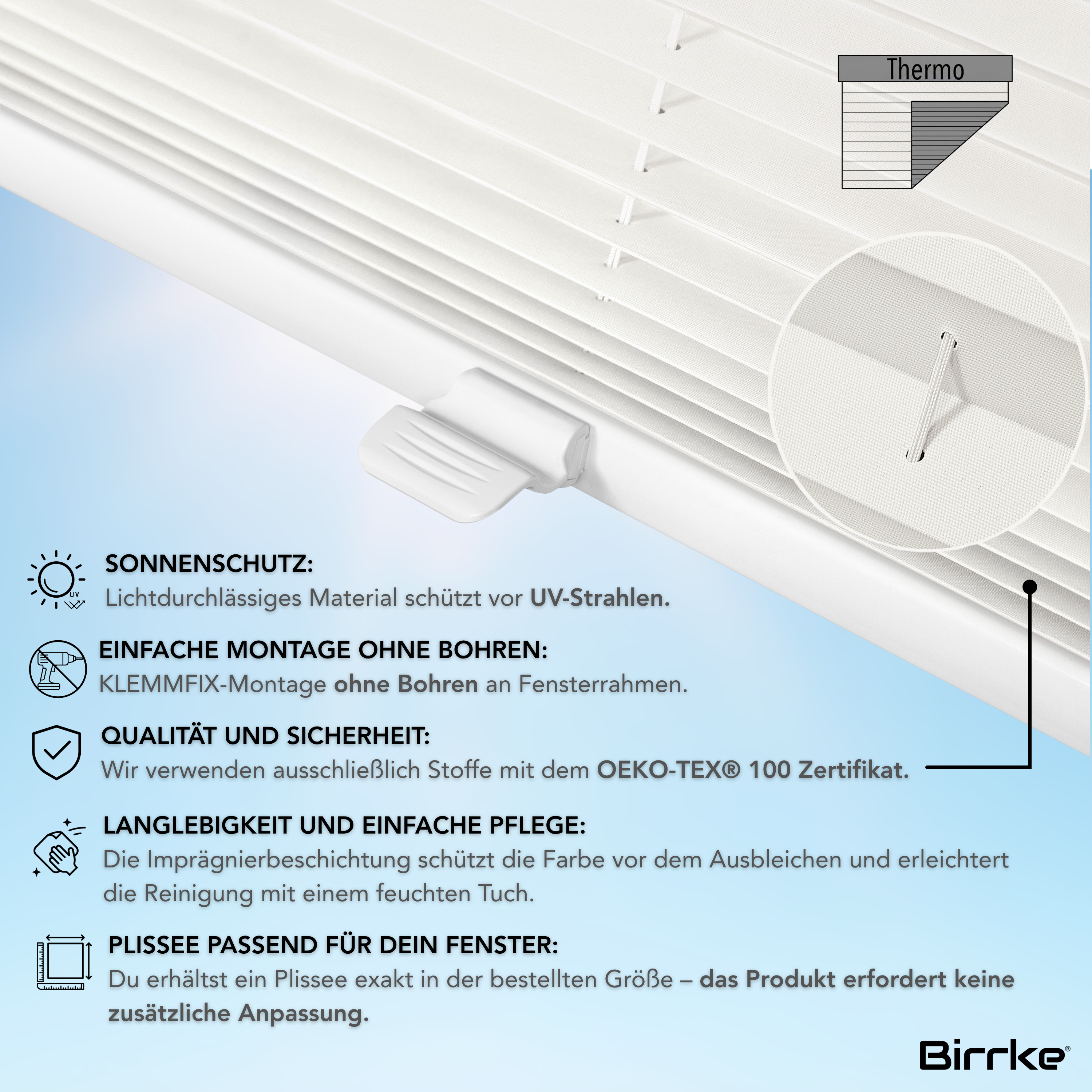Birrke® Thermo-Plissee nach Maß – Halbverdunkelnd & Hitzeschutz
