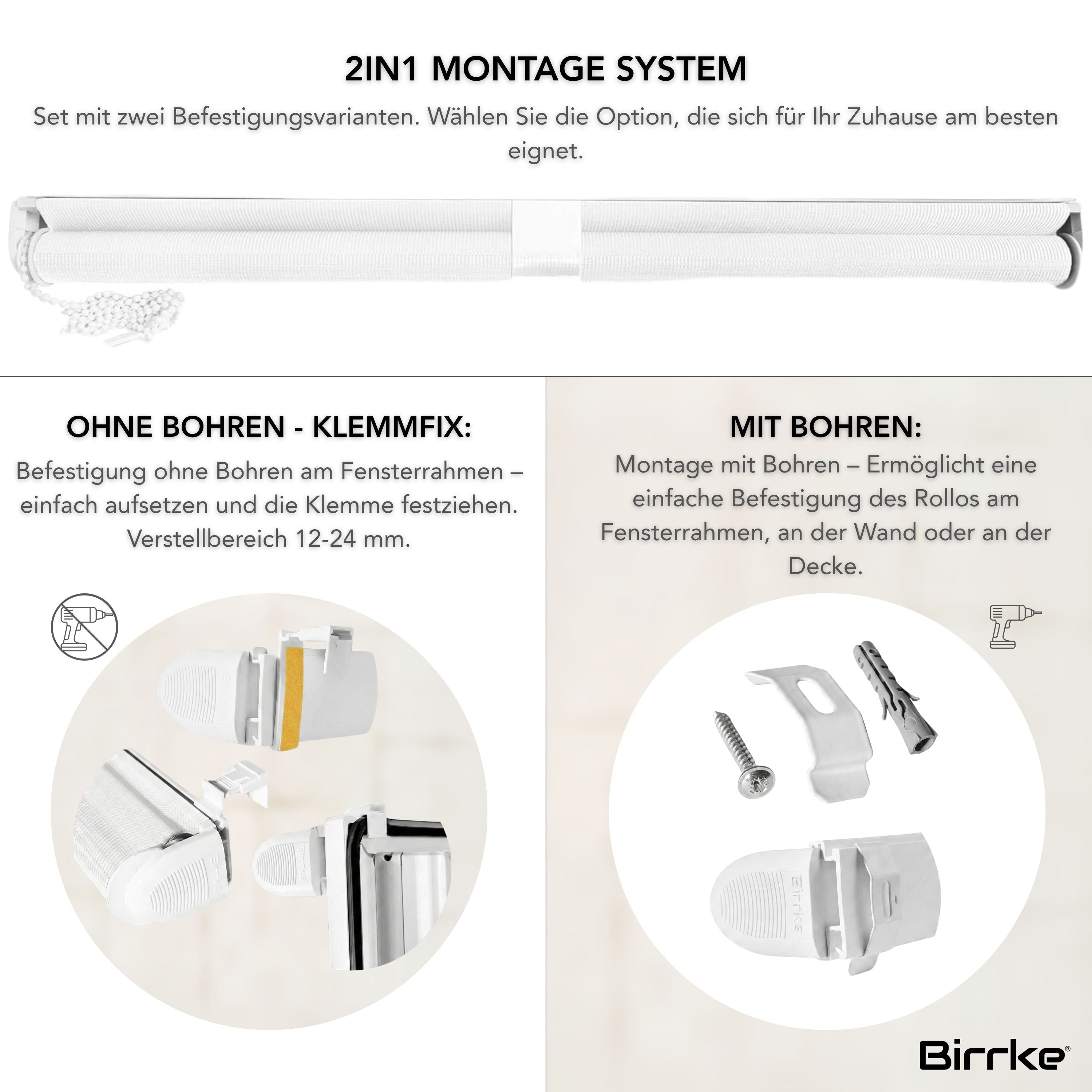 Birrke® Doppelrollo nach Maß – 2in1 Montage (Ohne Bohren & Zum Bohren)