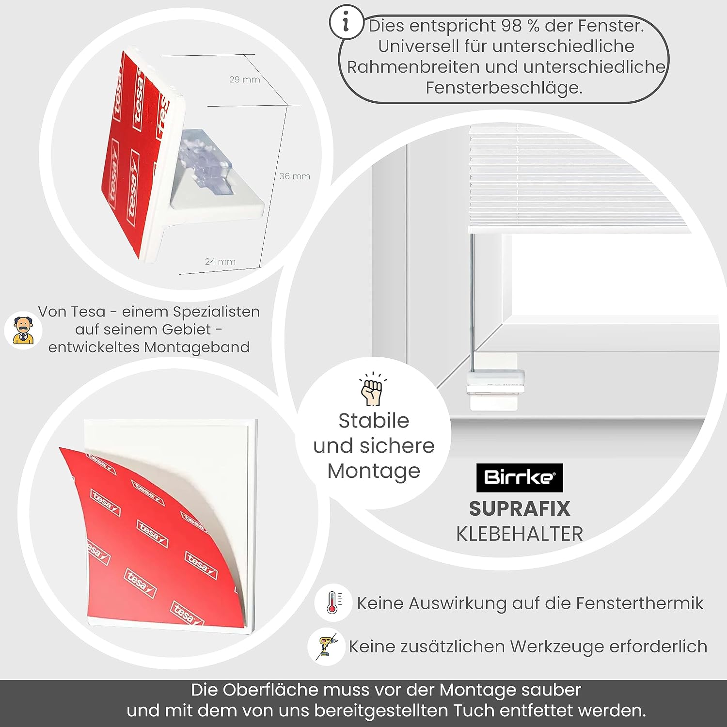 Birrke® Klebeplatten für Plissees ohne Bohren (4 Stück) – Einfache Montage