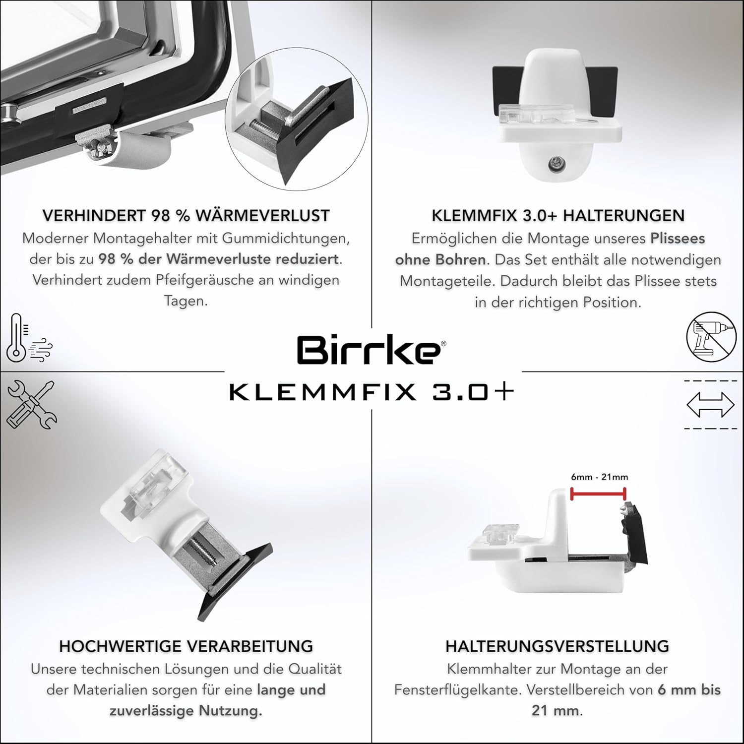 Birrke® KLEMMFIX 3.0+ Halterungen (4 Stück) für Plissee ohne Bohren – Einfache Montage