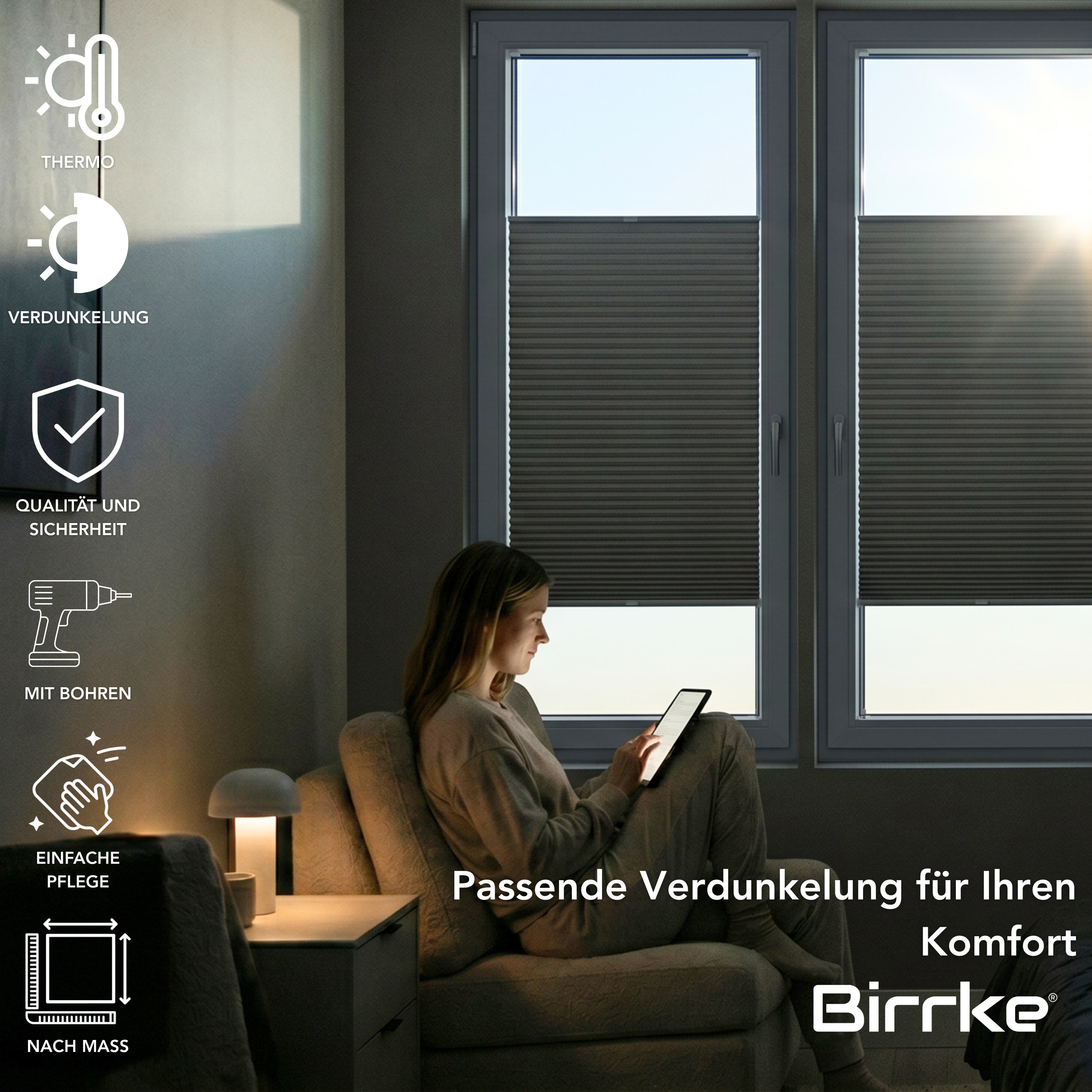Birrke® Wabenplissee nach Maß zum Bohren – 100% Verdunkelung & Thermo