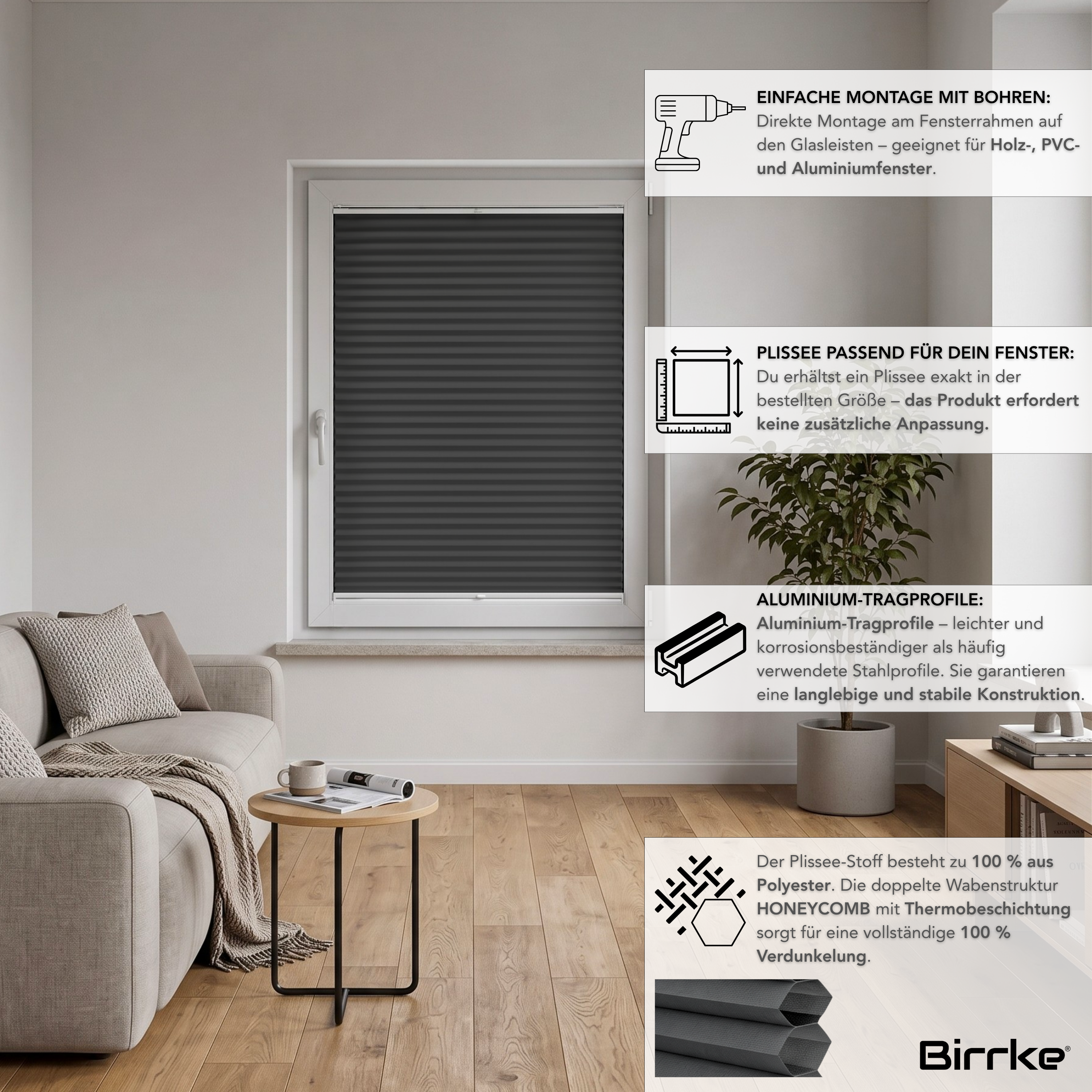 Birrke® Wabenplissee nach Maß zum Bohren – 100% Verdunkelung & Thermo