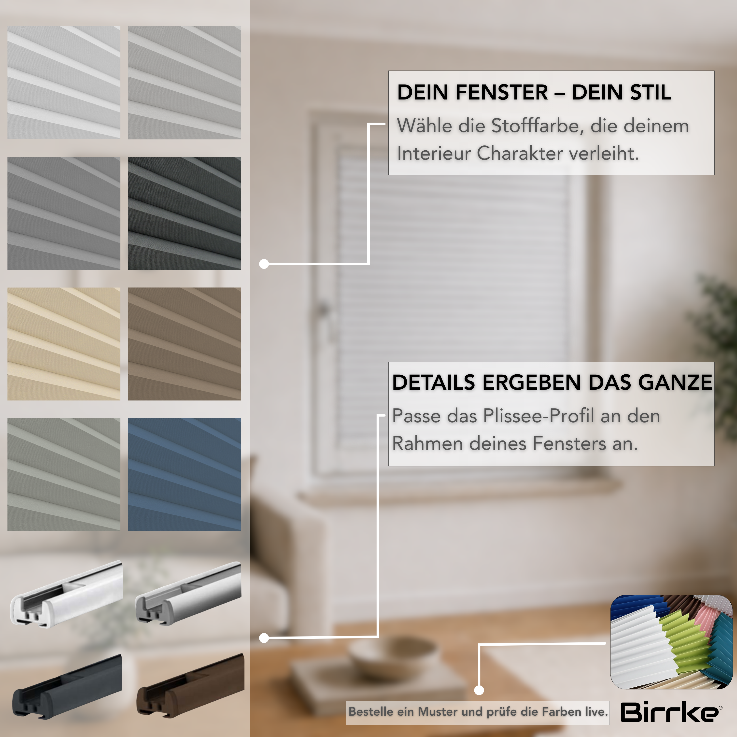 Birrke® Wabenplissee nach Maß ohne Bohren – 100% Verdunkelung & Thermo