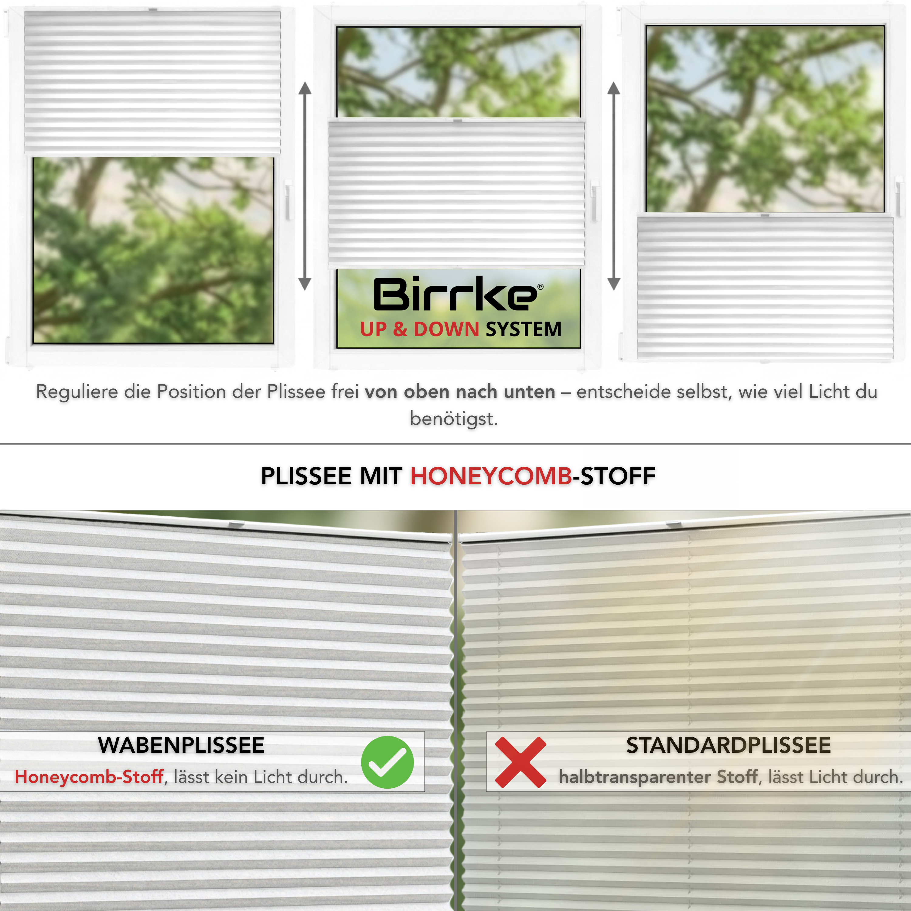Birrke® Wabenplissee nach Maß ohne Bohren – 100% Verdunkelung & Thermo