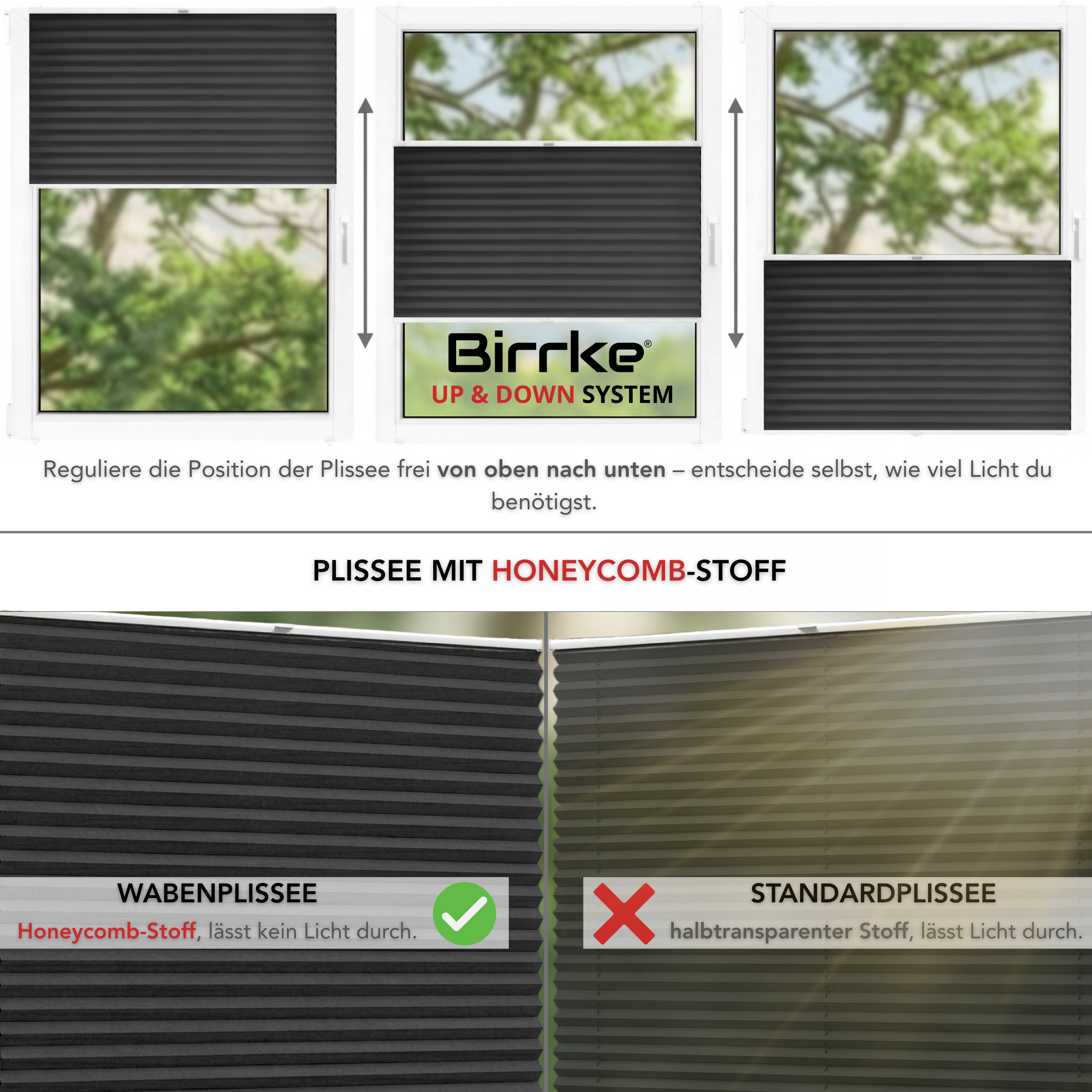 Birrke® Wabenplissee nach Maß zum Bohren – 100% Verdunkelung & Thermo