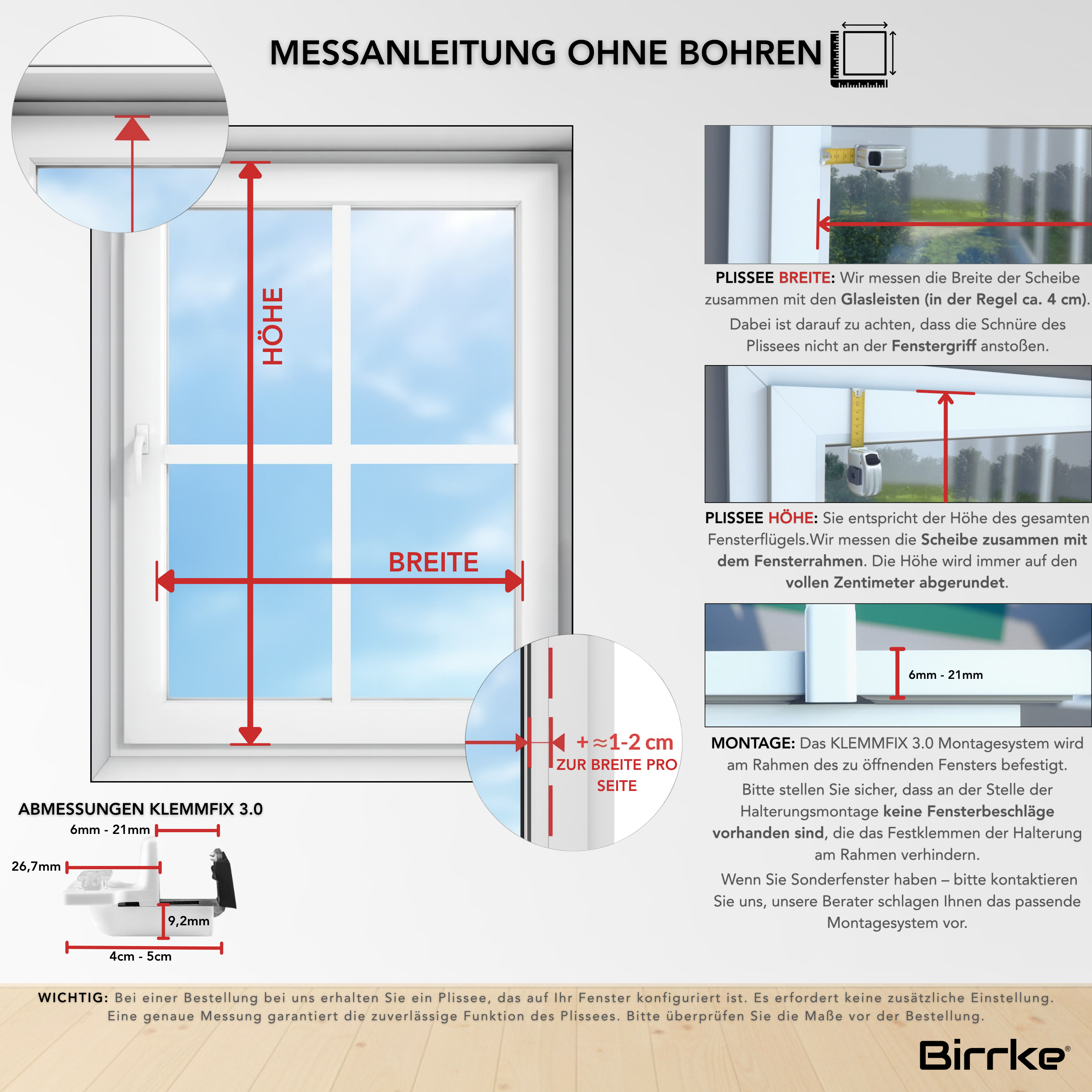 Birrke® Wabenplissee nach Maß ohne Bohren – 100% Verdunkelung & Thermo