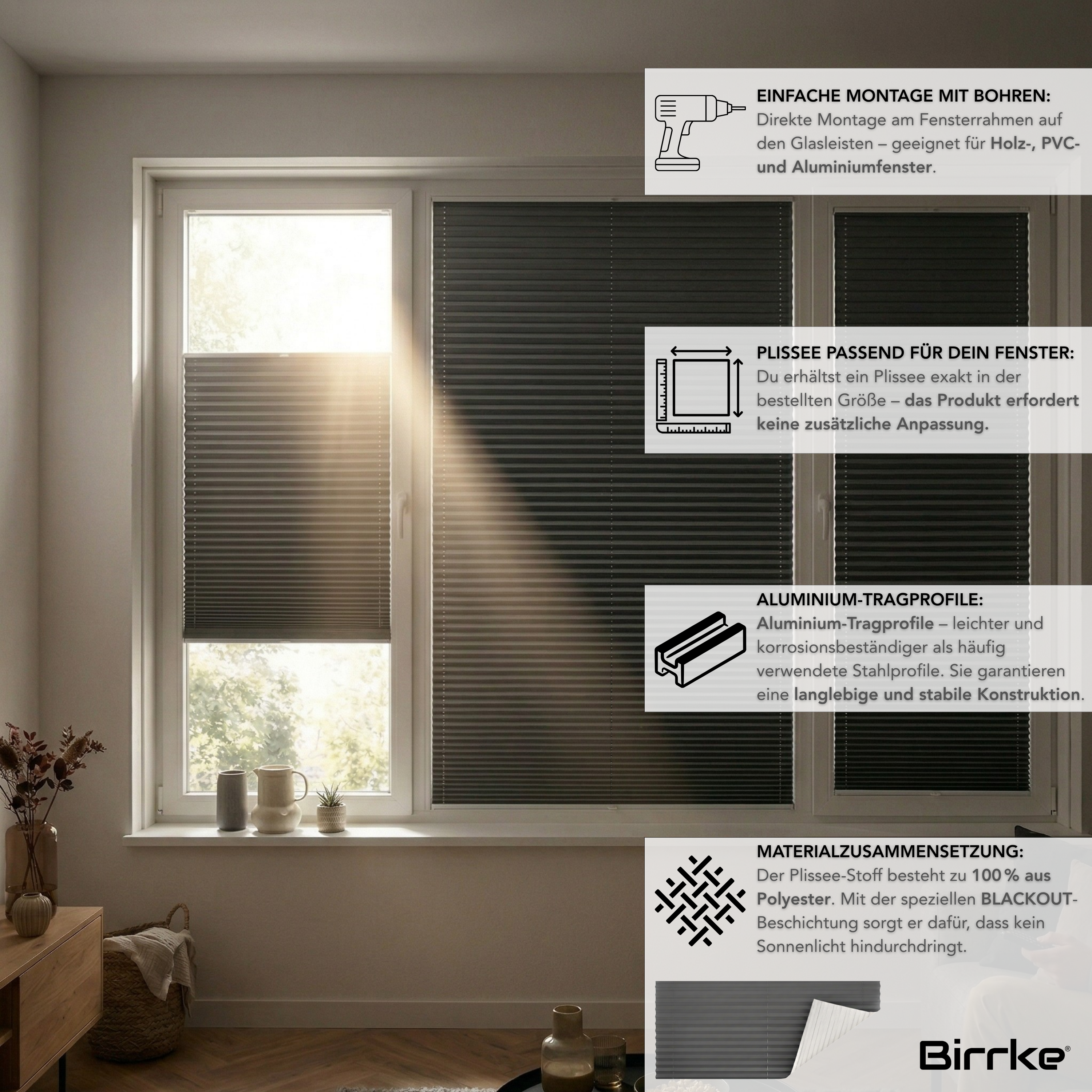 Birrke® Verdunkelungsplissee nach Maß zum Bohren – Blackout