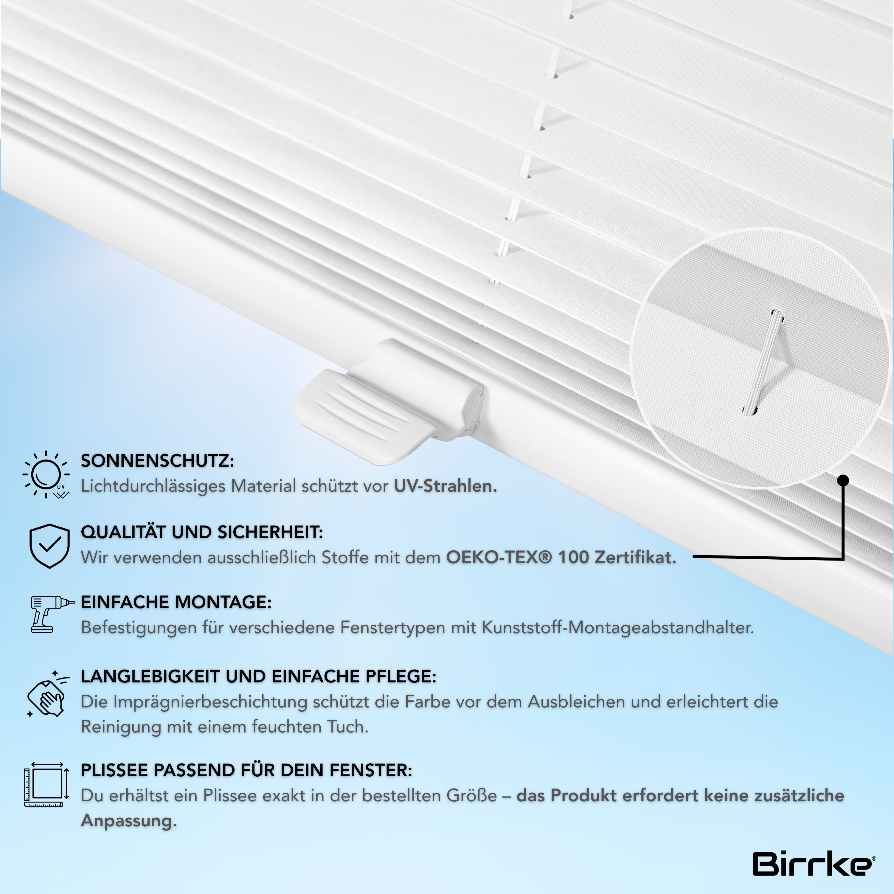 Birrke® Plissee nach Maß zum Bohren – Feste Montage im Fensterrahmen